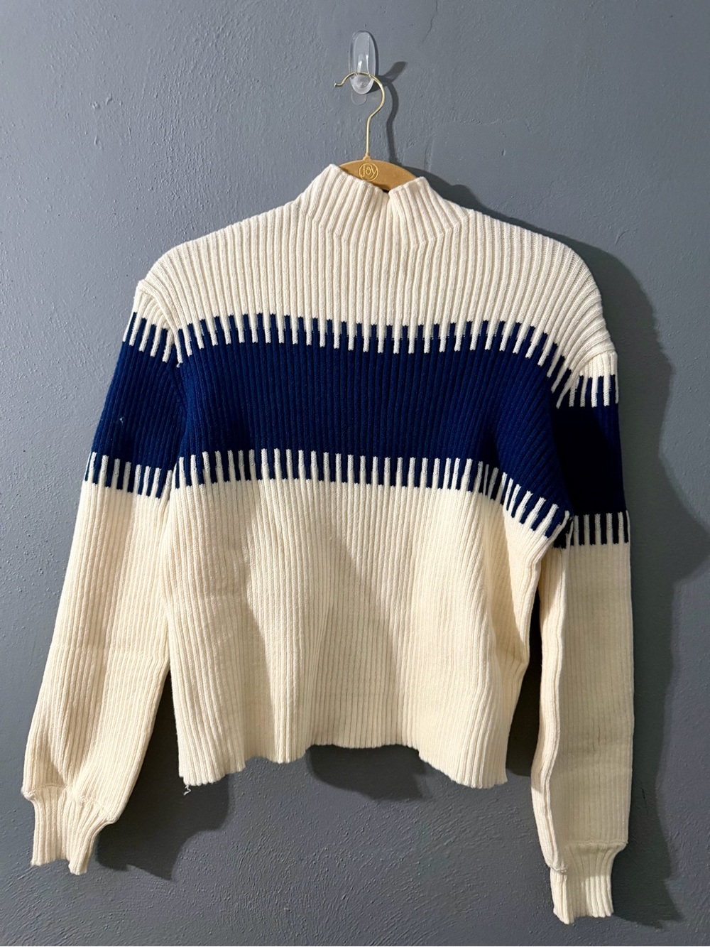 Ribbed Cream & Navy Stripe Turtleneck Sweater